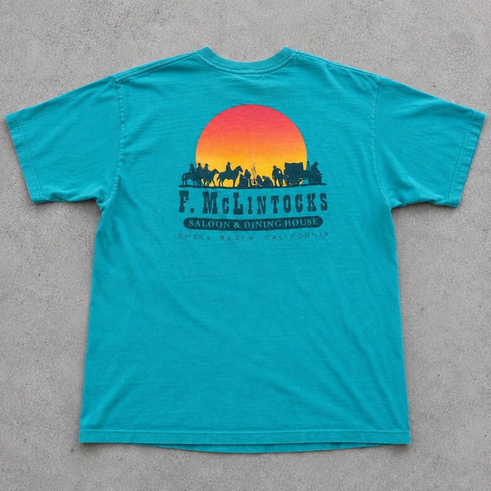 Vintage 90s McLintocks Saloon Shell Beach SLO CA Teal Shirt XL Single Stitch USA